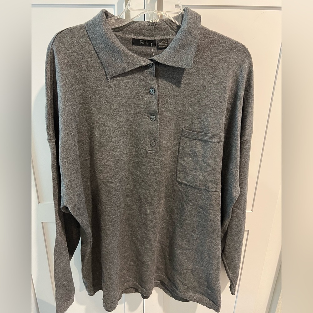 Grey long sleeve knit polo shirt L XL nwt